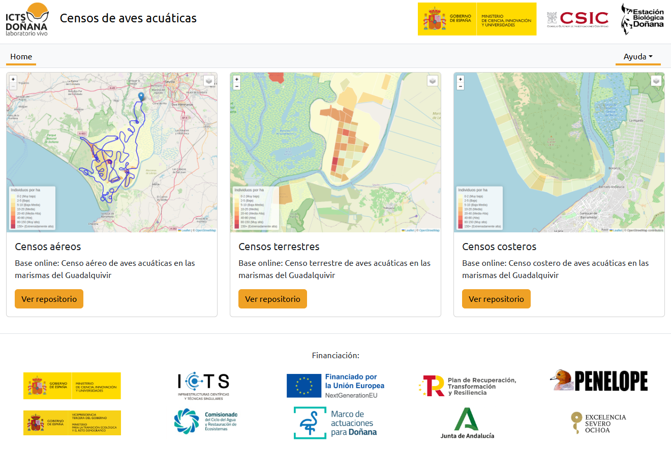 Interfaz del nuevo portal web dedicado a los censos de aves acuáticas en las marismas del Guadalquivir.